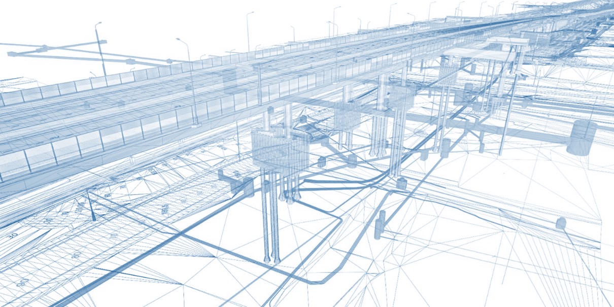 BIM-Modell-Illustation Sie sehen ein digitales Modell eines Bauwerks, das illustrativ eingefärbt wurde.