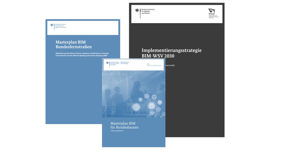 Illustrative Anordnung des Masterplan BIM Bundesfernstraßen, Masterplan BIM für Bundesbauten und Implementierungsstrategie BIM-WSV 2023